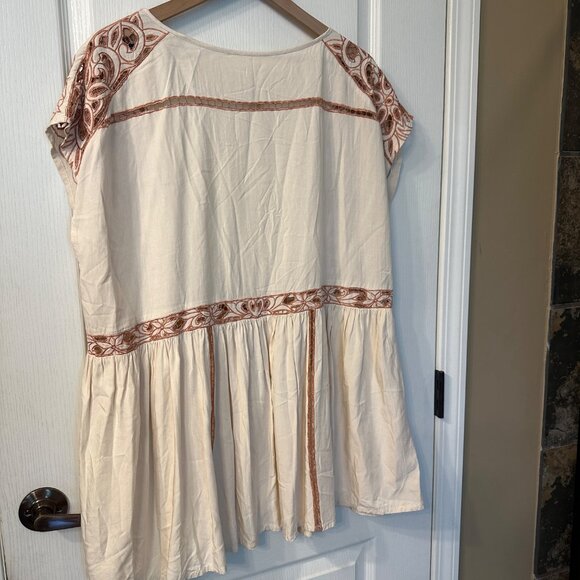 Free People | Ayu XS Boho Hippie Nude Short Sleeve Oversized Tunic Dress Open - Picture 7 of 15